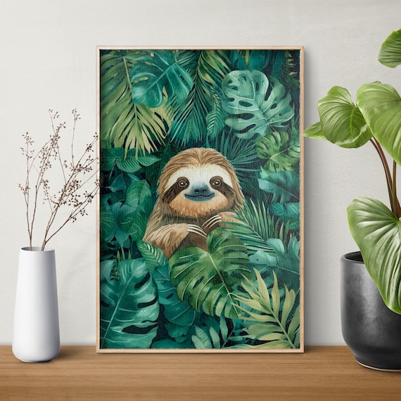 Smiling Sloth Peeking Through Tropical Monstera Leaves Watercolor Poster