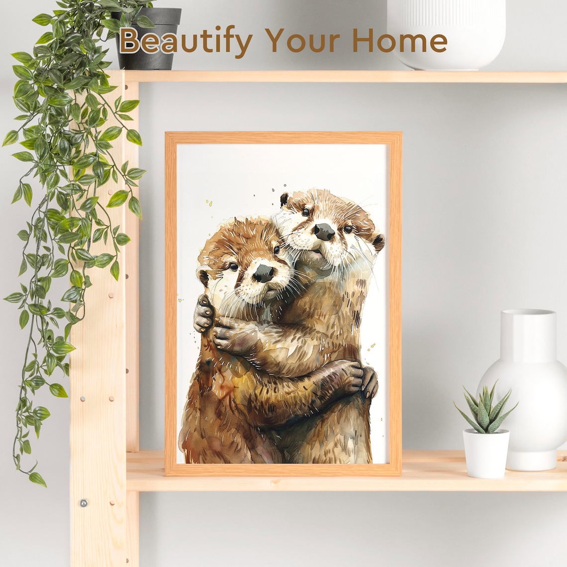 Lovely Otter Cuddling Portrait Poster, Funny Wildlife Art - Image 3