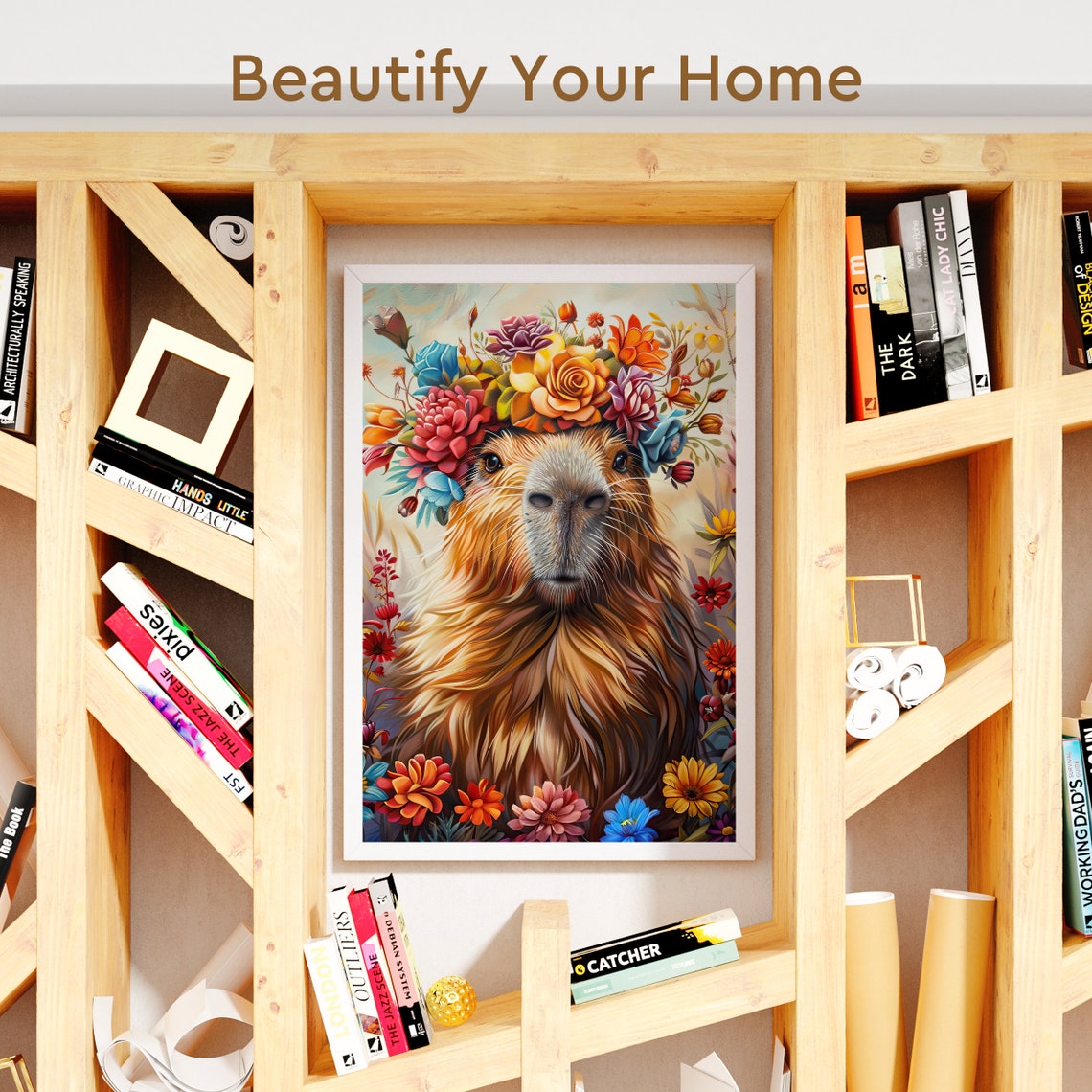 Capybara Wearing a Colorful Floral Crown Portrait Painting Poster - Image 3