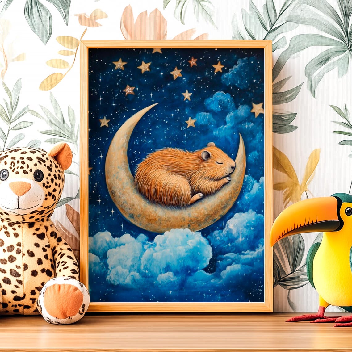 Sleeping Capybara Curled on a Crescent Moon Starry Night Poster