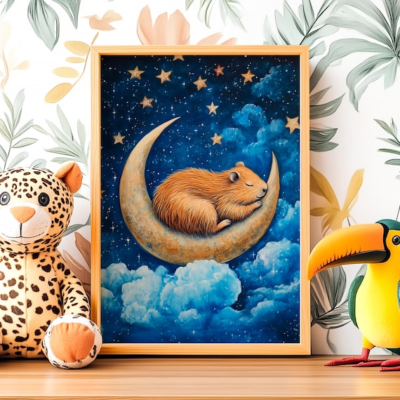 Sleeping Capybara Curled on a Crescent Moon Starry Night Poster