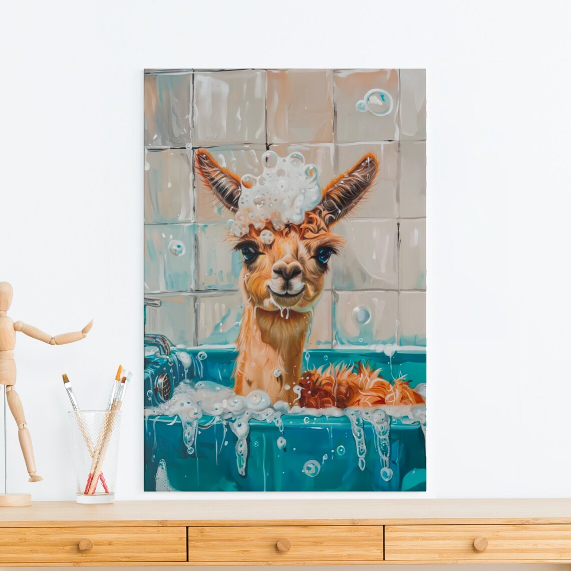 Bathtub Bubble Bath Llama Art Print, Bathroom Decor