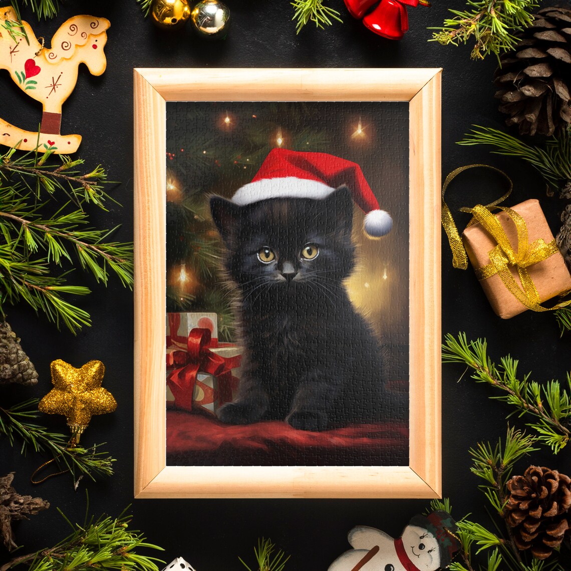 Santa Hat Black Cat Christmas Family Poster Print