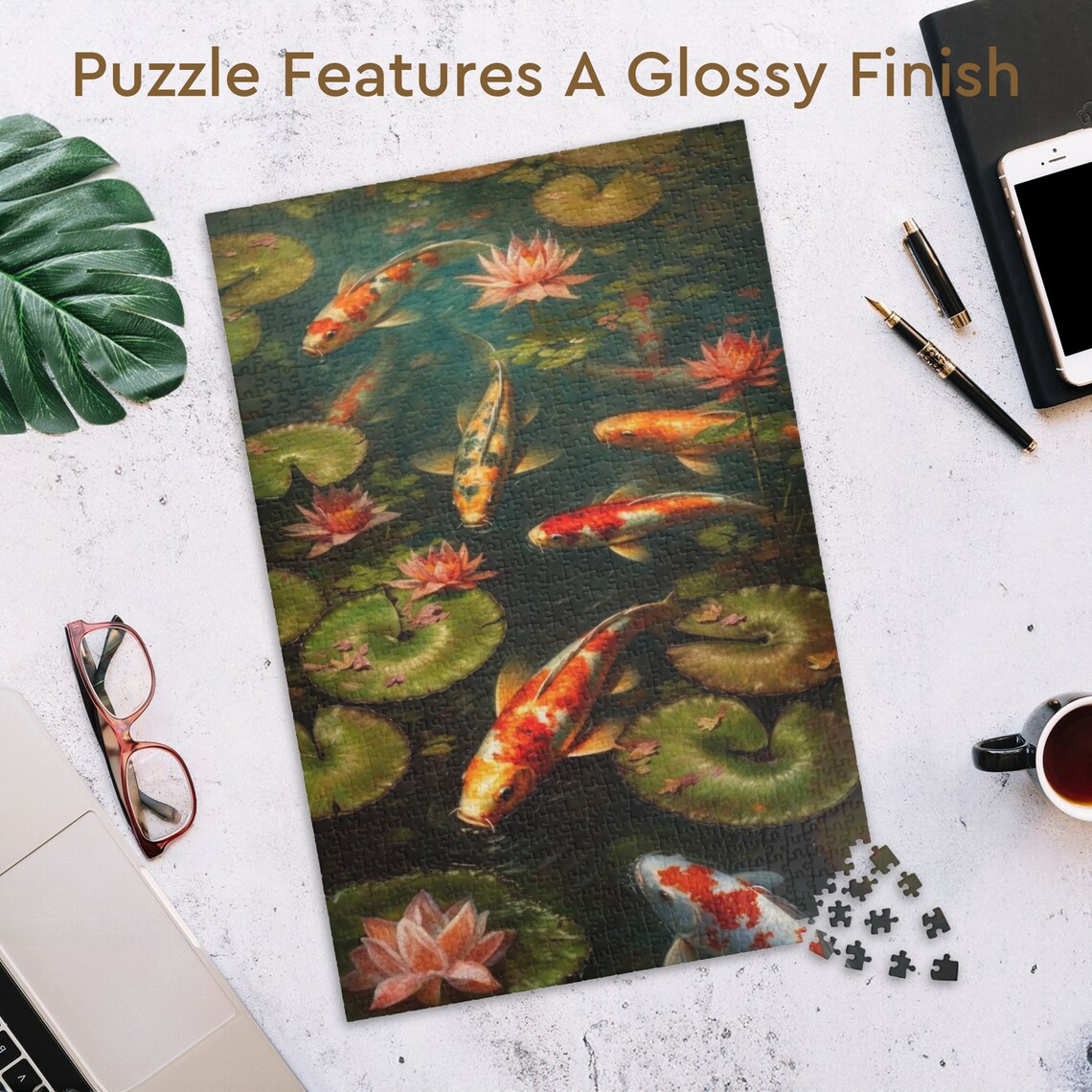 Colorful Koi Fish Swimming Among Pink Water Lilies Oil Art Poster - Image 3