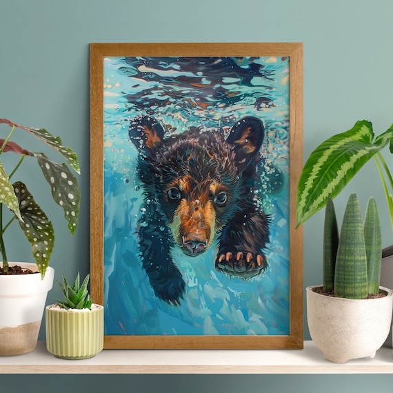 Swimming Pool Diving Bear Poster, Wildlife Nursery Decor