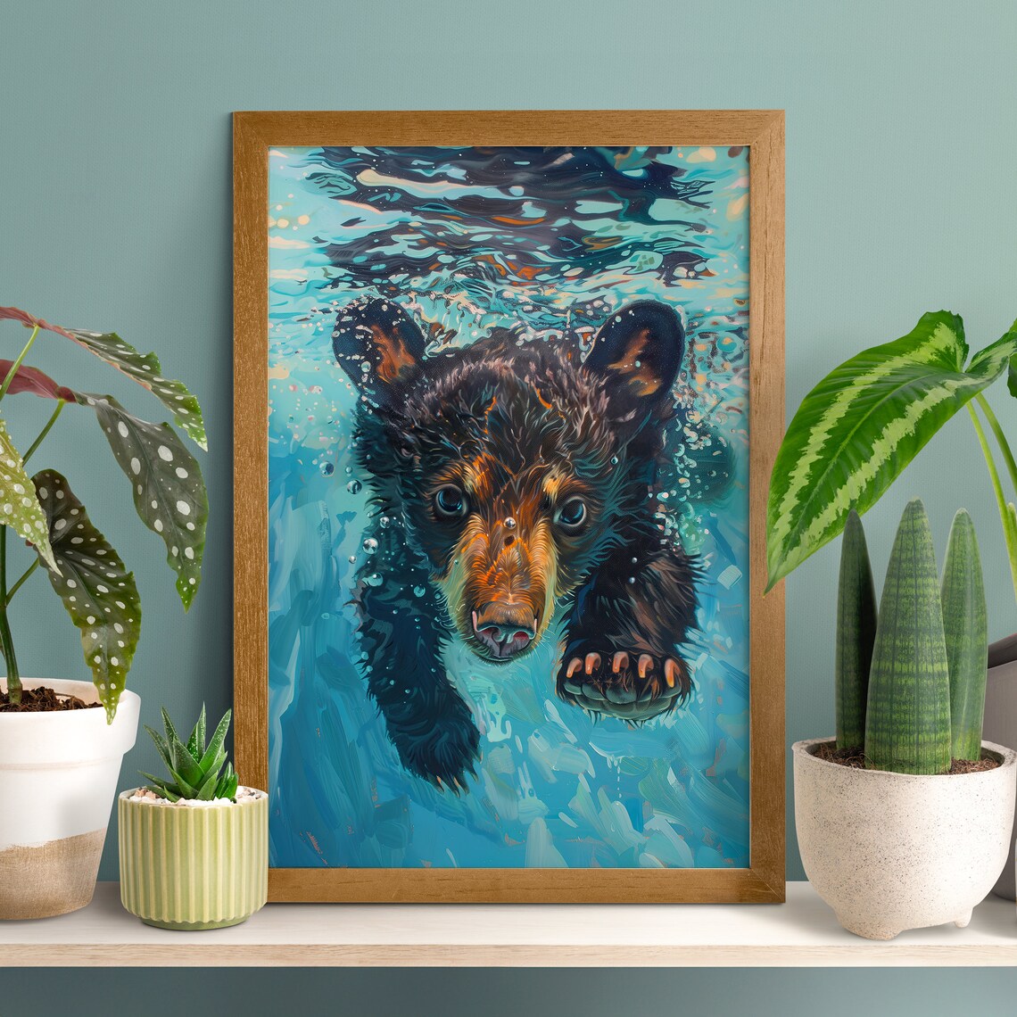 Swimming Pool Diving Bear Poster, Wildlife Nursery Decor
