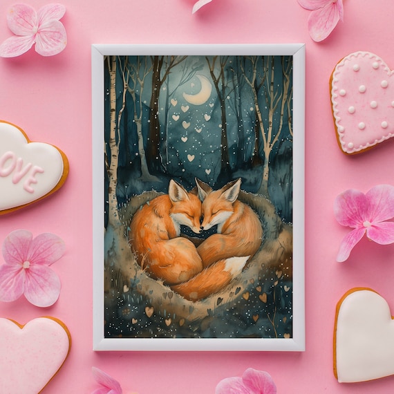 Two Foxes Cuddling Nose to Nose in a Moonlit Birch Forest Poster