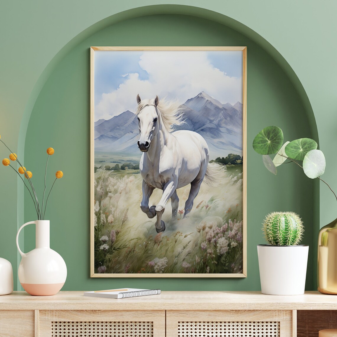 White Horse Galloping Meadow Mountain Valley Watercolor Animal Poster