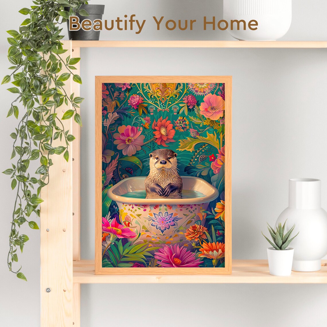 Floral Bathtub Otter Art Print, Funny Bathroom Decor - Image 3