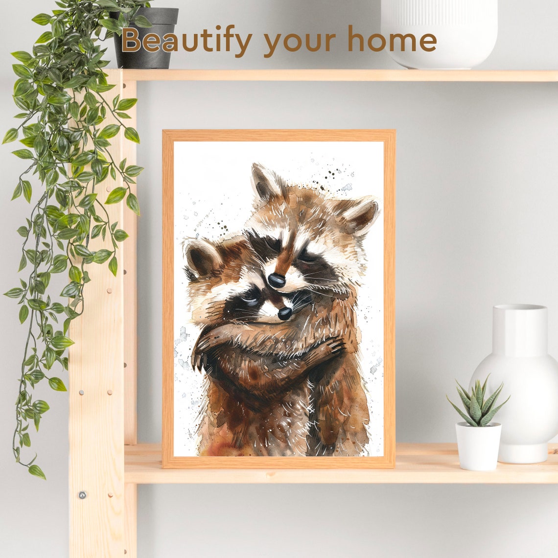 Two Raccoons Hugging in a Sweet Watercolor Wildlife Portrait Poster - Image 3