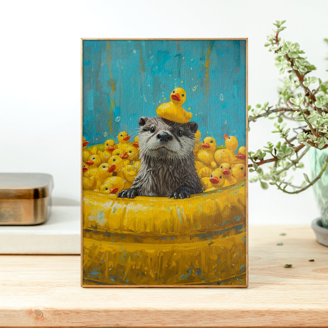 Happy Otter Relaxing in a Tub Full of Yellow Rubber Ducks Poster
