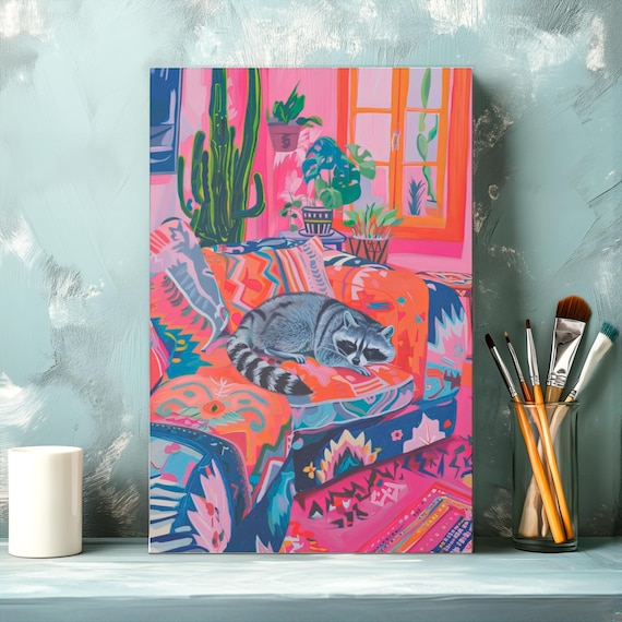 Raccoon Sleeping Curled Up on a Colorful Boho Patterned Sofa Poster