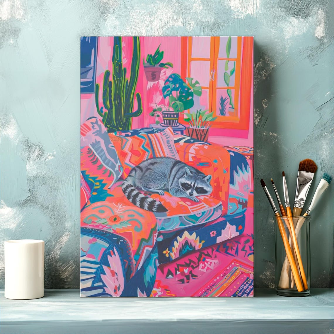 Raccoon Sleeping Curled Up on a Colorful Boho Patterned Sofa Poster