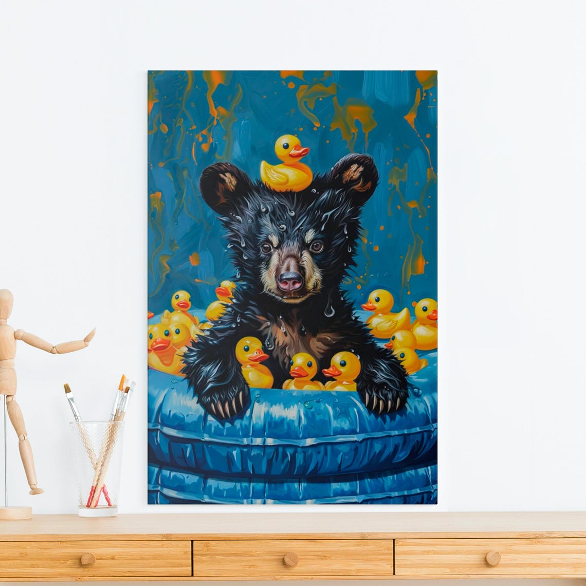 Black Bear Cub in a Blue Kiddie Pool with Yellow Rubber Ducks Poster