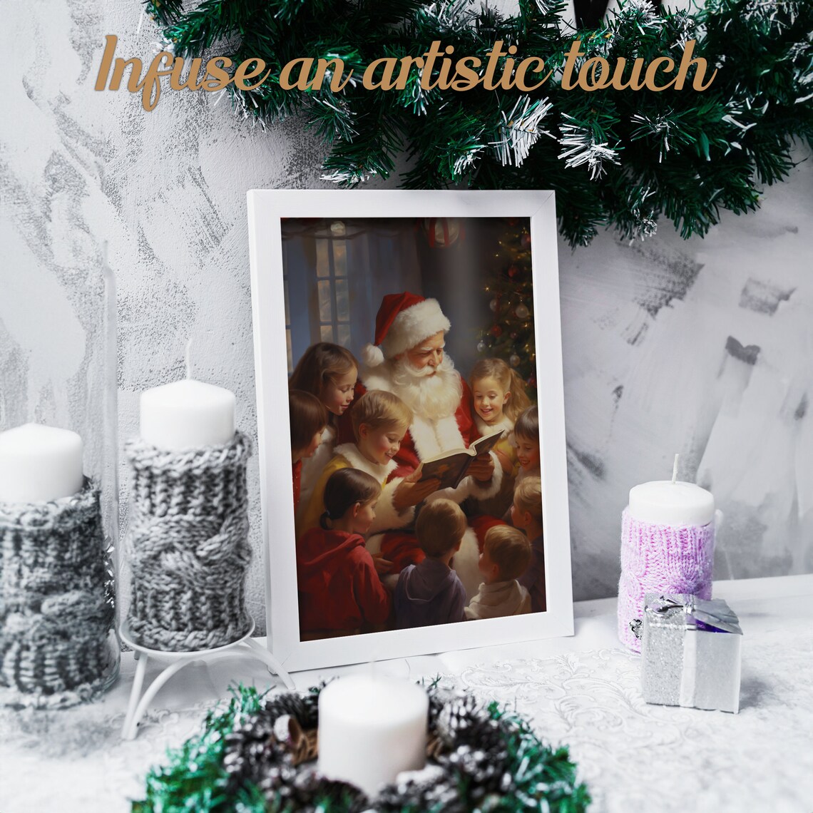 Santa Claus Reading Storybook to Children Christmas Eve Vintage Poster - Image 2
