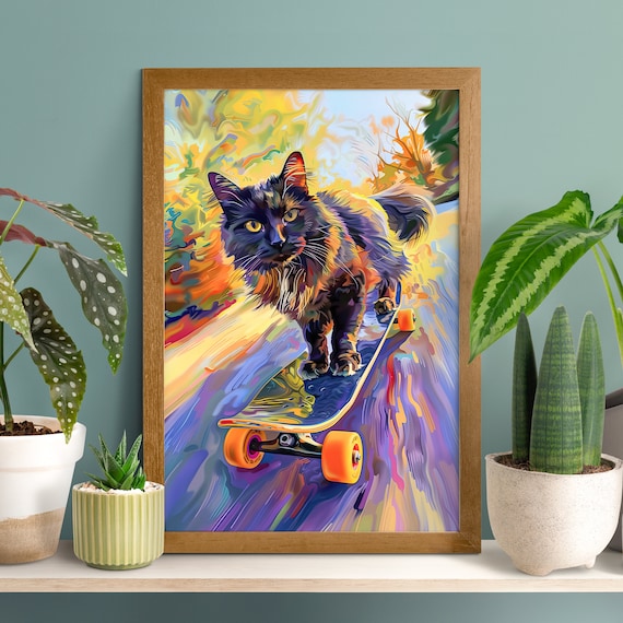 Playful Black Cat Riding a Skateboard in Bold Colorful Street Art Poster