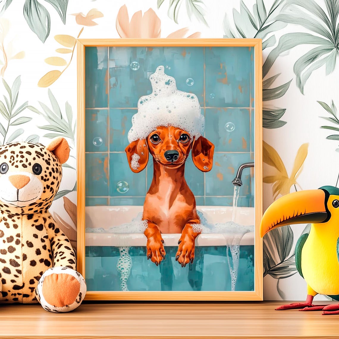 Red Dachshund Puppy Bubble Bath With Suds Hat Portrait Poster