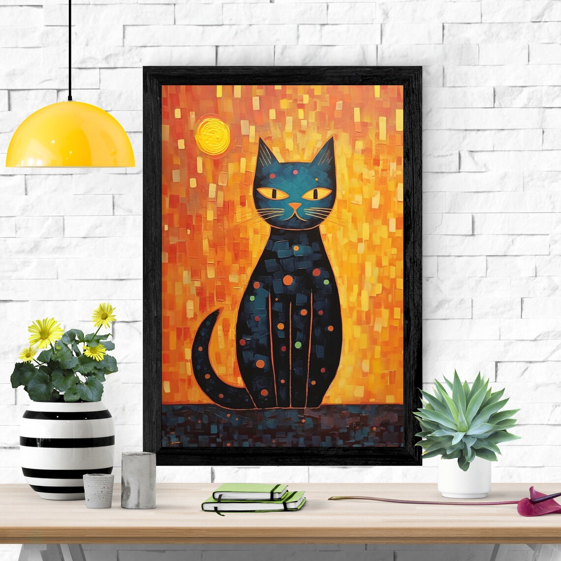 Abstract Mosaic Black Cat Fiery Orange Sunset Modern Artwork Poster