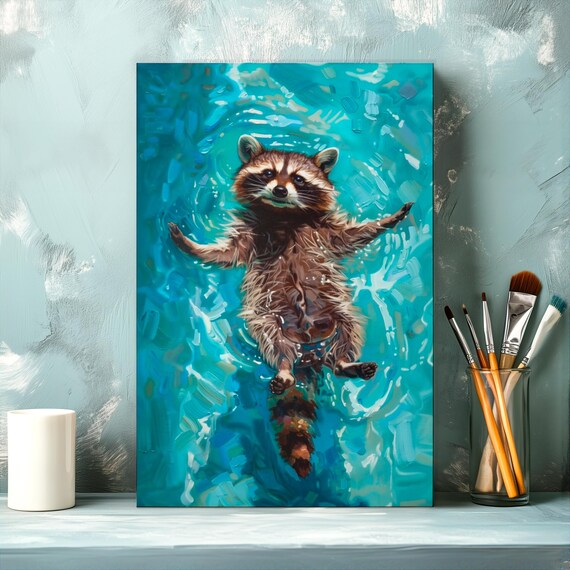 Happy Raccoon Floating On Its Back In A Turquoise Pool Poster