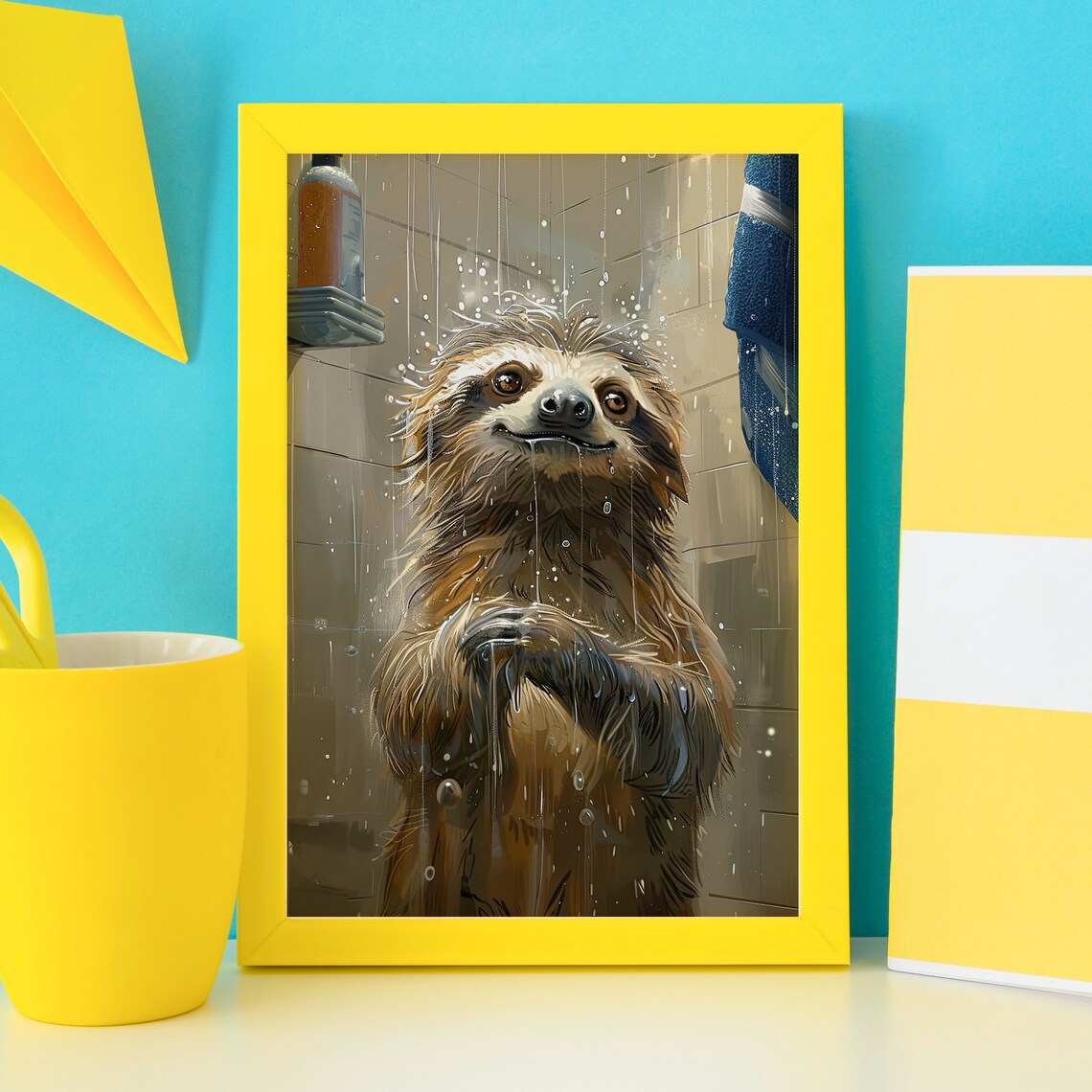 Wet Sloth Taking a Shower Funny Bathroom Animal Portrait Poster