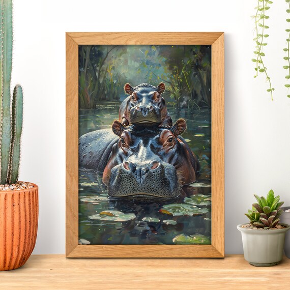 Hippopotamus Mother and Baby Swimming Together in a River Poster