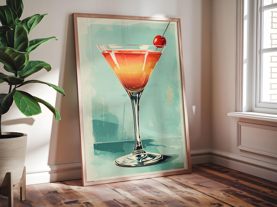Cherry Cocktail Watercolor Martini Glass Retro Kitchen Bar Poster