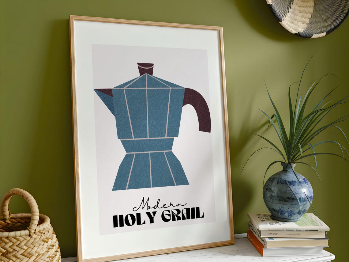 Modern Holy Grail Blue Moka Pot Espresso Lover Kitchen Art Poster