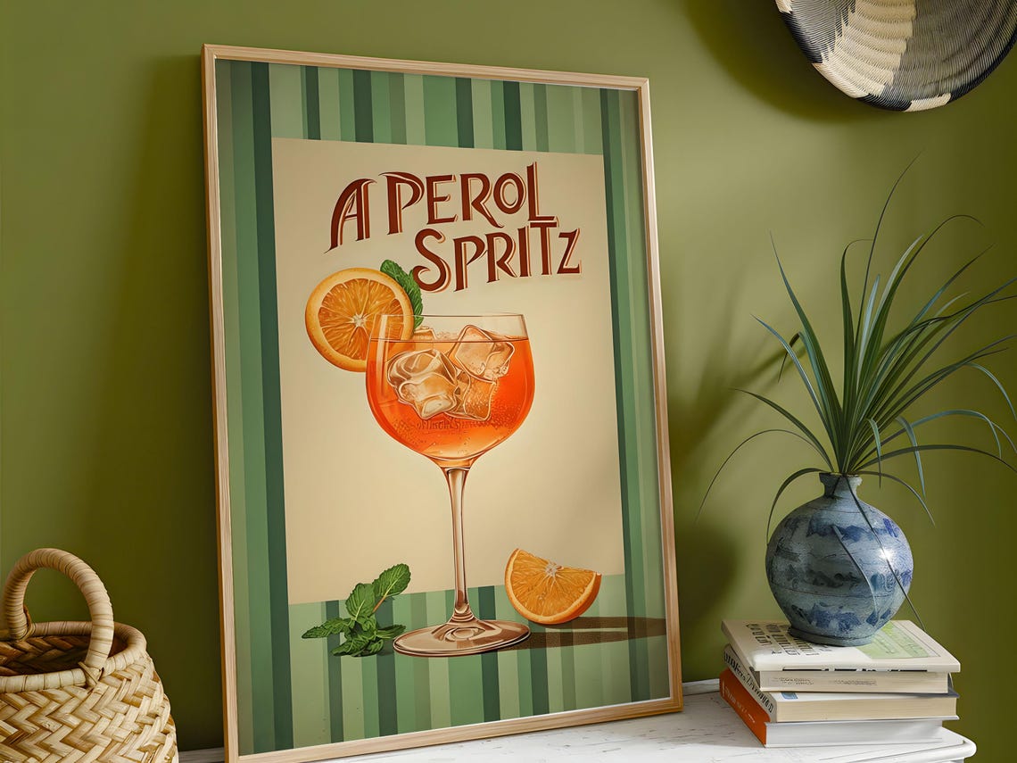 Aperol Spritz Retro Cocktail Bar Art Green Stripe Design Poster