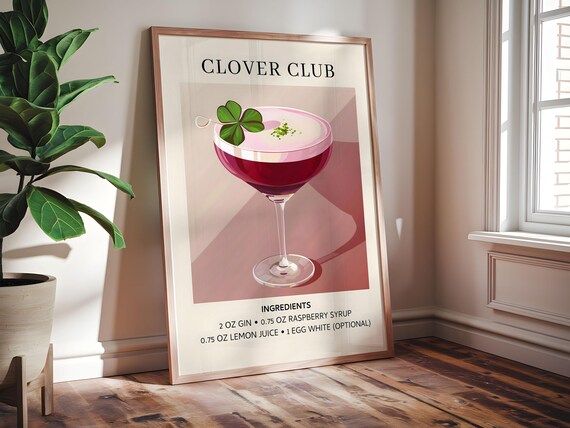 Clover Club Cocktail Recipe Raspberry Gin Elegant Bar Cart Poster