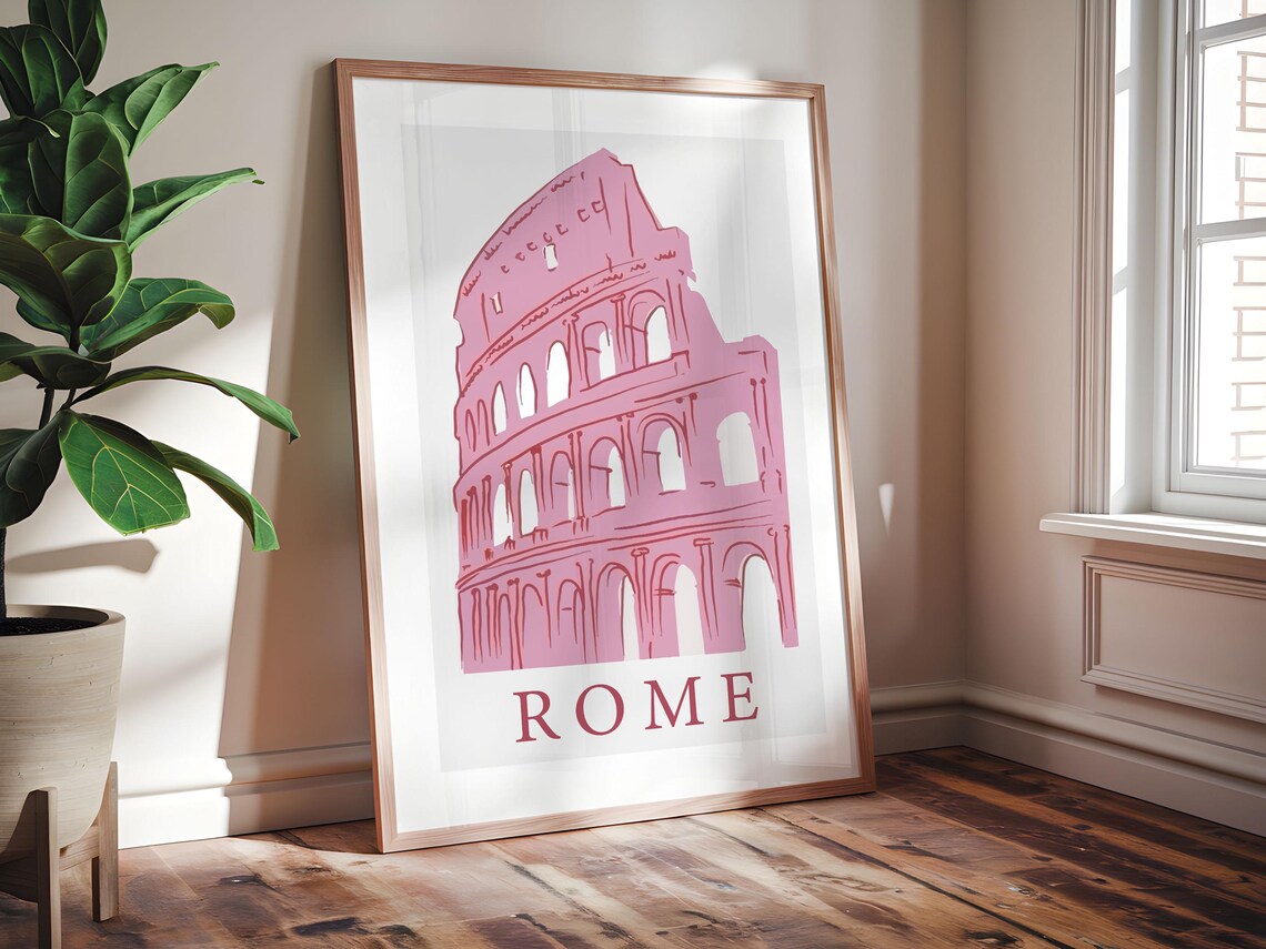 Rome Italy Pink Colosseum Line Art Minimalist Travel City Poster