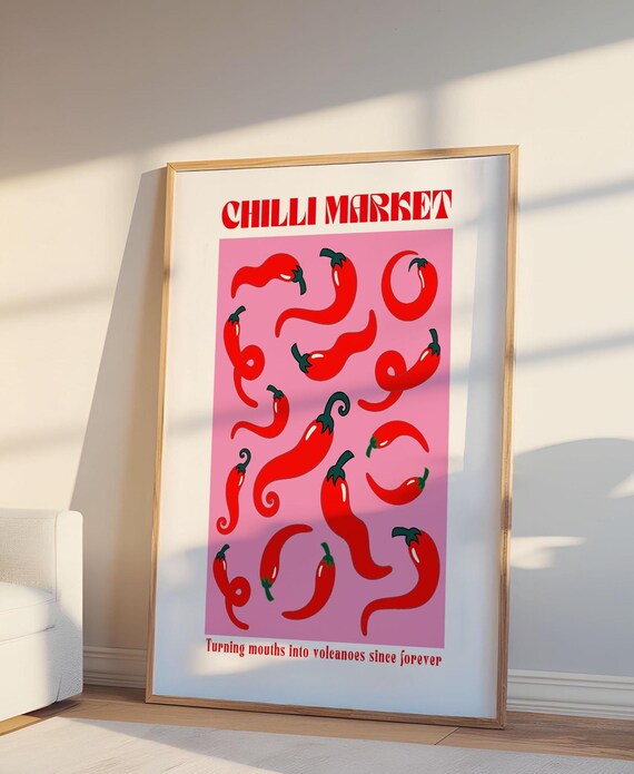 Chilli Market Red Hot Peppers Pink Background Funny Kitchen Poster