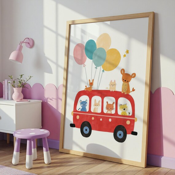 Cute Animal Bus with Pastel Balloons Nursery Kids Room Poster