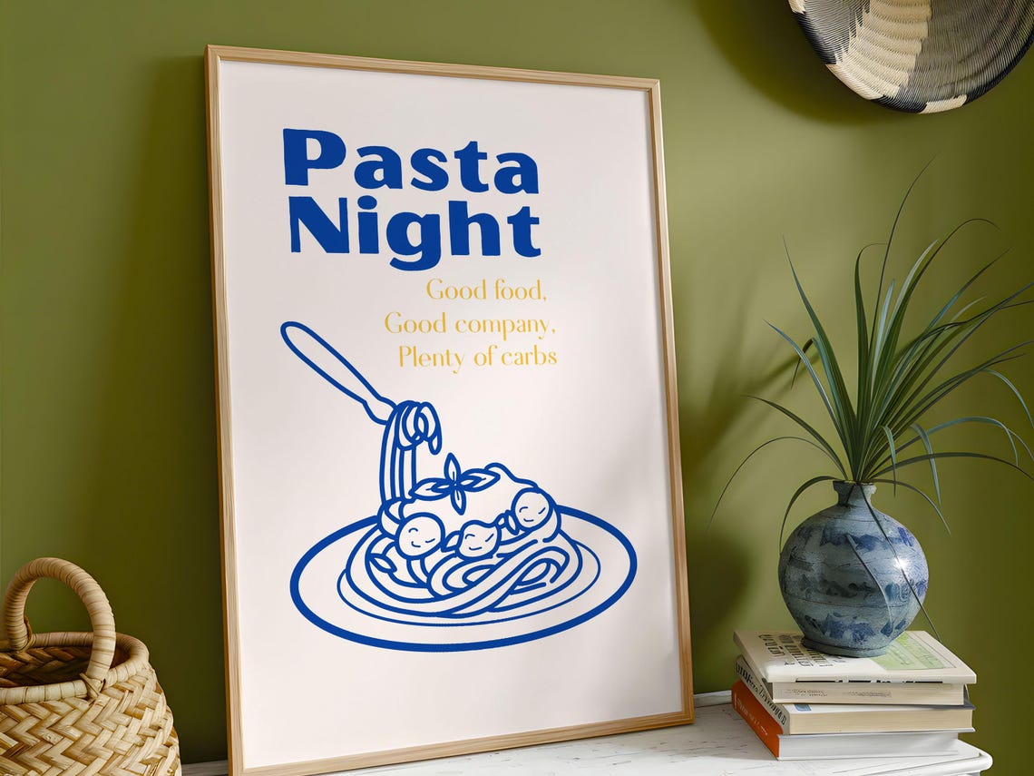 Pasta Night Good Food Good Company Retro Blue Kitchen Art Poster