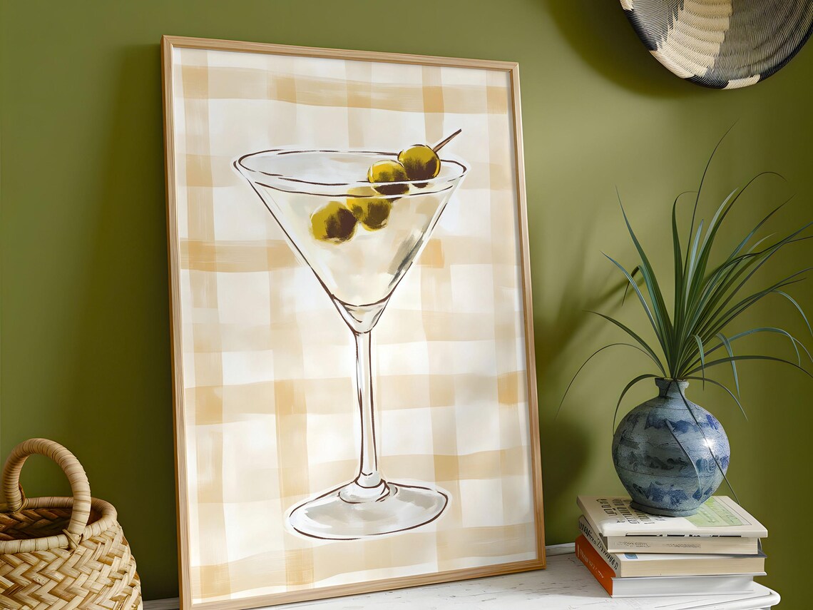 Classic Martini With Olives Gingham Retro Cocktail Bar Art Print