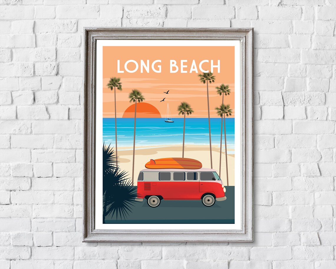 Long Beach California Sunset Camper Van Surf Retro Travel Poster - Image 2