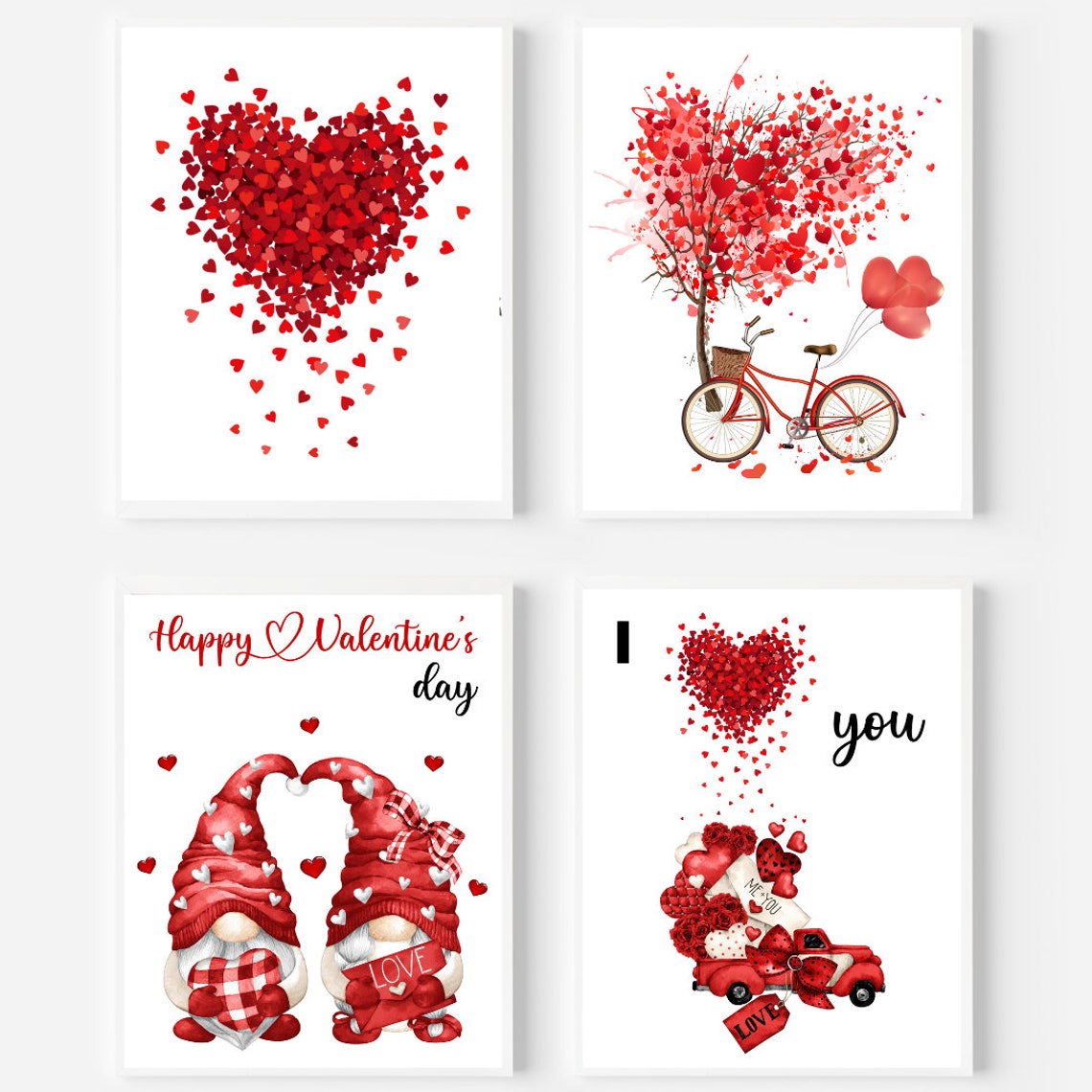 Happy Valentines Day Print Set Of Four Hearts Gnomes And Truck - Image 2