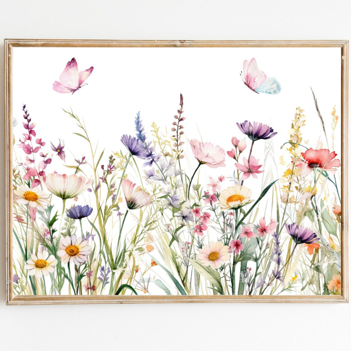 Watercolor Wildflower Meadow Butterflies Daisy Landscape Poster - Image 2