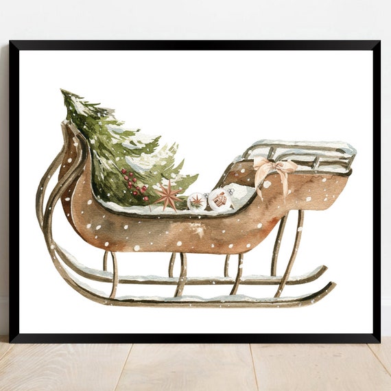 Christmas Sleigh and Tree Art Print, Holiday Decor