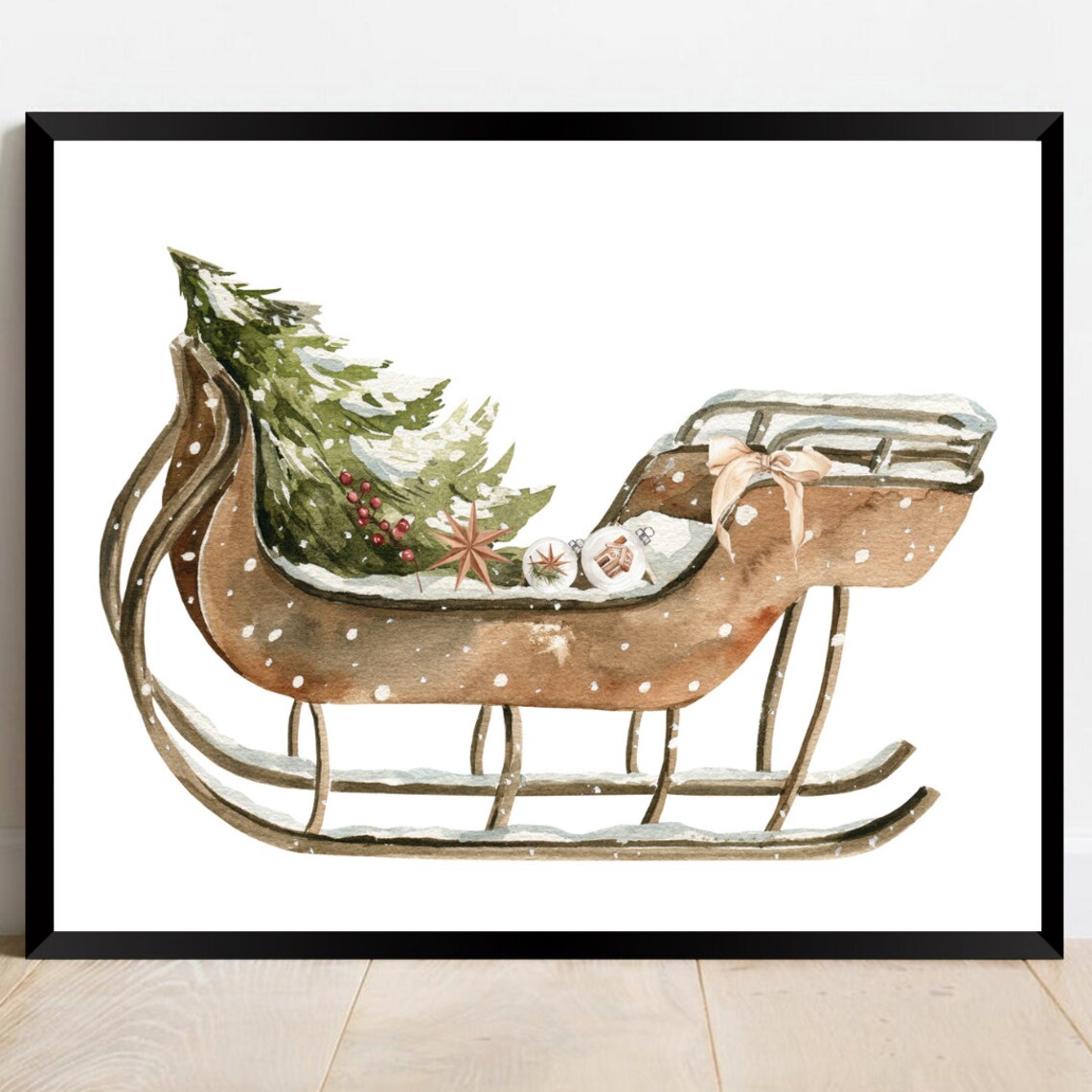 Christmas Sleigh and Tree Art Print, Holiday Decor
