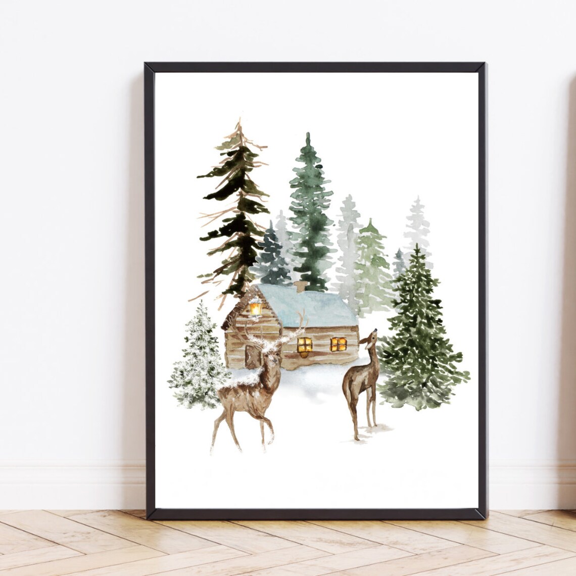 Deer In Snow Christmas Winter Wall Art Print