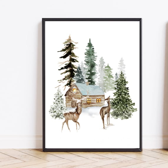 Deer In Snow Christmas Winter Wall Art Print