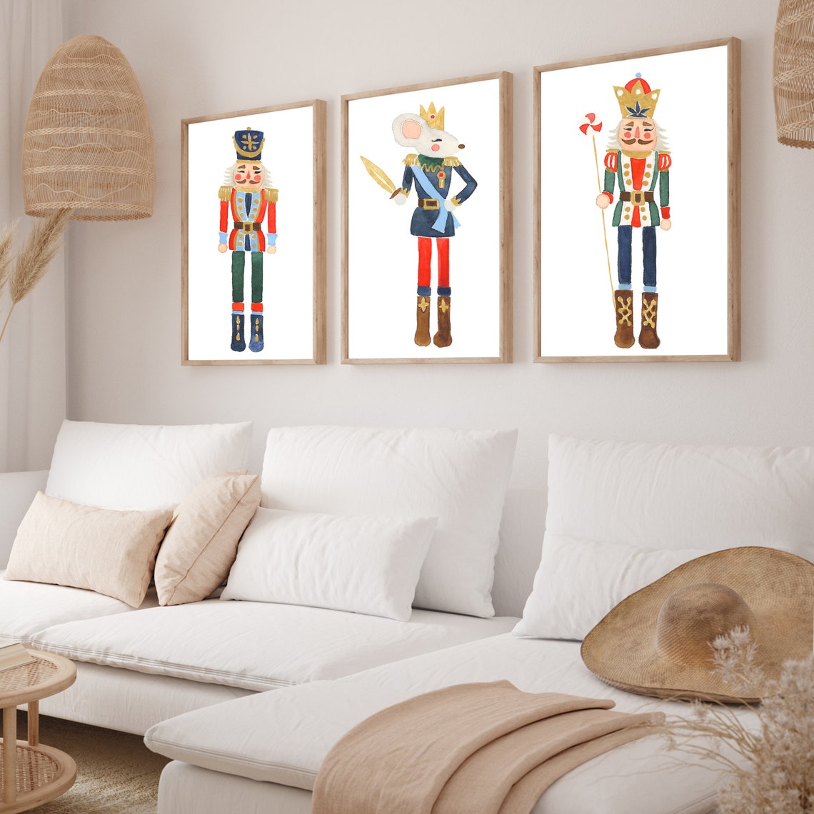 Set of 3 Nutcracker Watercolor Red Mouse King Christmas Soldier Poster