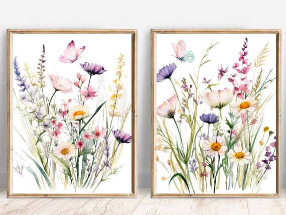 Watercolor Wildflower Meadow Daisy Butterfly Set of 2 Poster