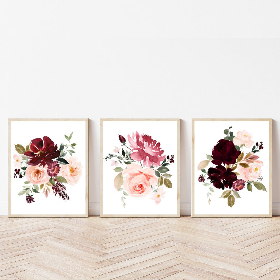 Blush Burgundy Flowers Roses Art Set, Watercolor