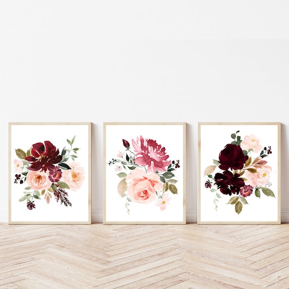 Blush Burgundy Flowers Roses Art Set, Watercolor