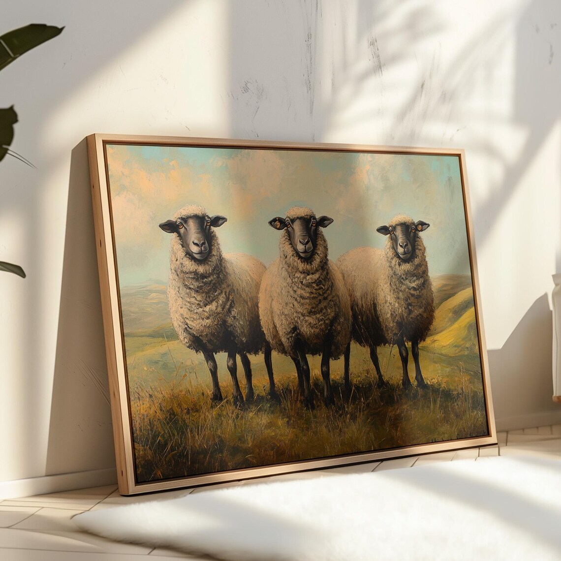 Three Sheep in Pasture Painting, Rustic Farm Scene