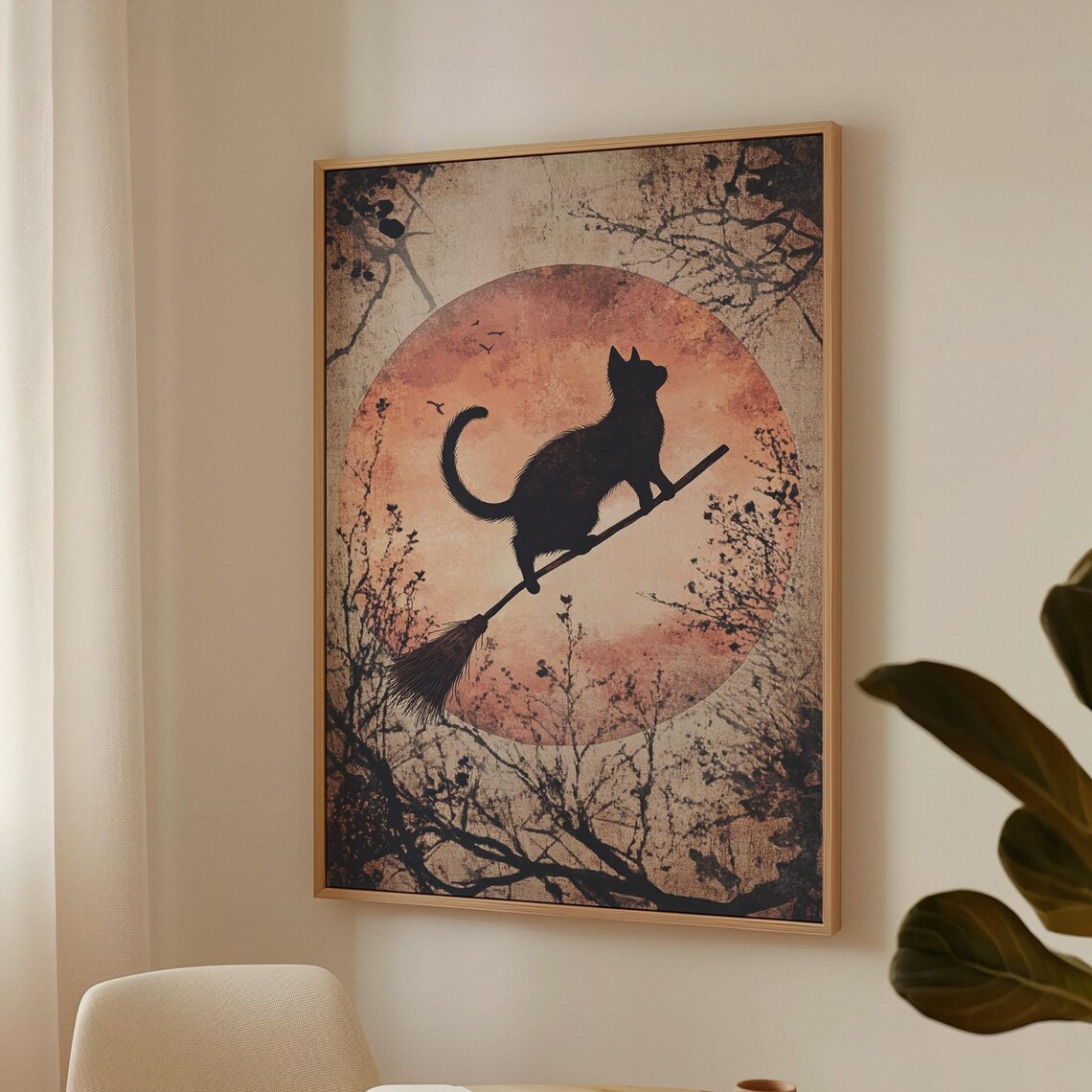 Black Cat Silhouette on Broomstick Orange Moon Vintage Halloween Wall Art