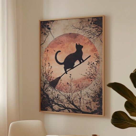 Black Cat Silhouette on Broomstick Orange Moon Vintage Halloween Wall Art