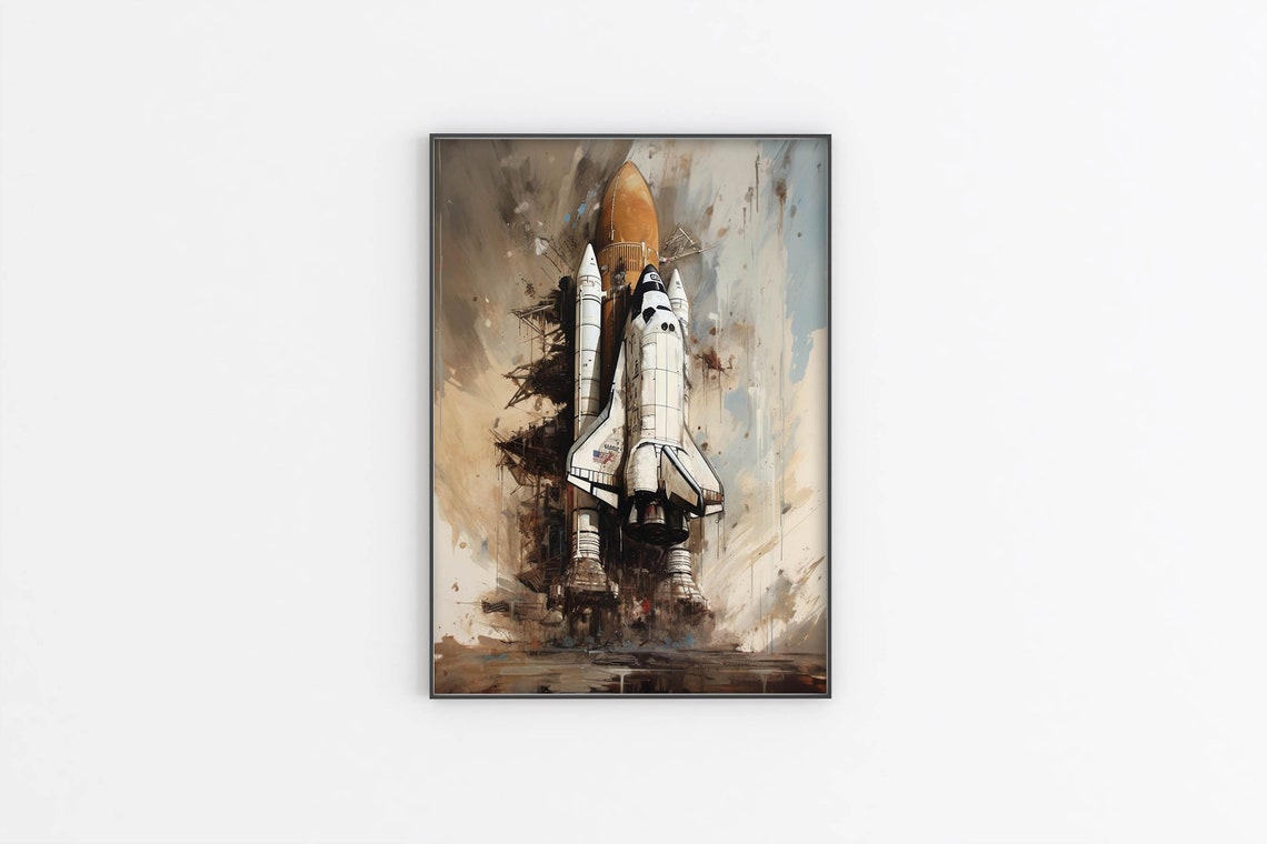 Space Shuttle Launch Watercolor Painting Soft Beige Tones Art Poster - Image 2