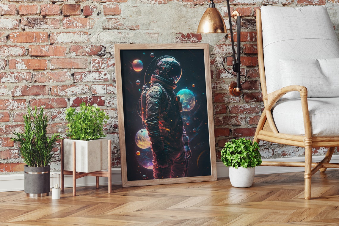 Astronaut Profile With Planets Poster Neon Orange Blue Cosmic Art - Image 2